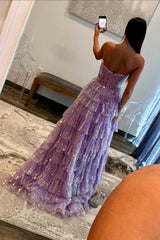 Sparkly A Line Purple Strapless Tiered Long Prom Dress with Sequins