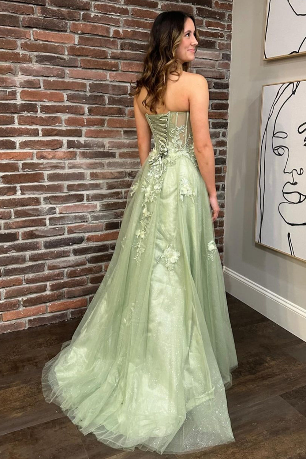 Green A Line Strapless Corset Appliqued Long Prom Dress with Slit