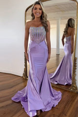 Sparkly Purple Strapless Mermaid Corset Long Prom Dresses