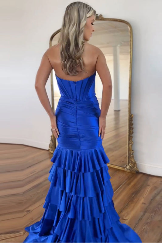 Mermaid Royal Blue Sweetheart Corset Ruffled Long Prom Dress with Slit