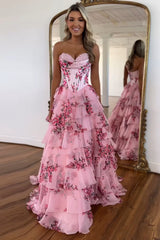 A Line Blush Sweetheart Corset Floral Tiered Long Prom Dress