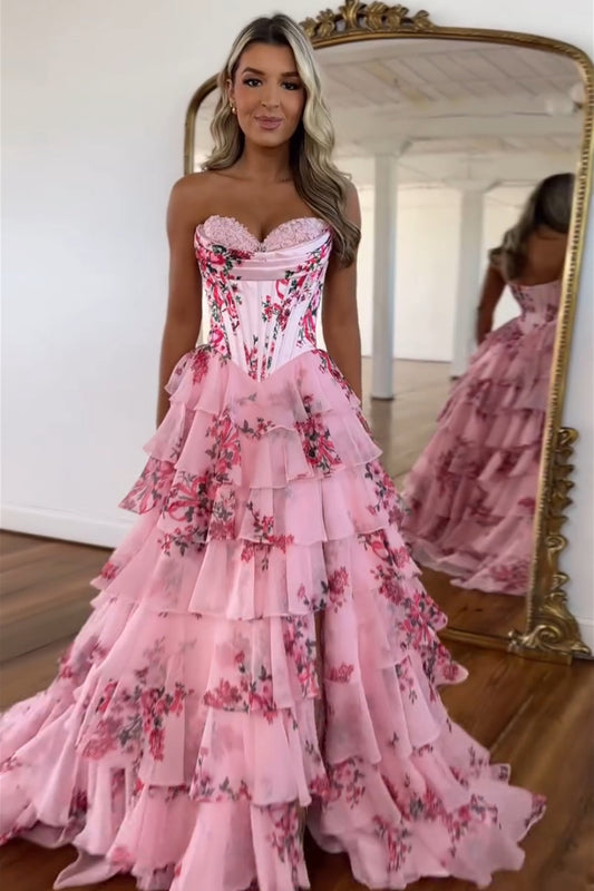 A Line Blush Sweetheart Corset Floral Tiered Long Prom Dress