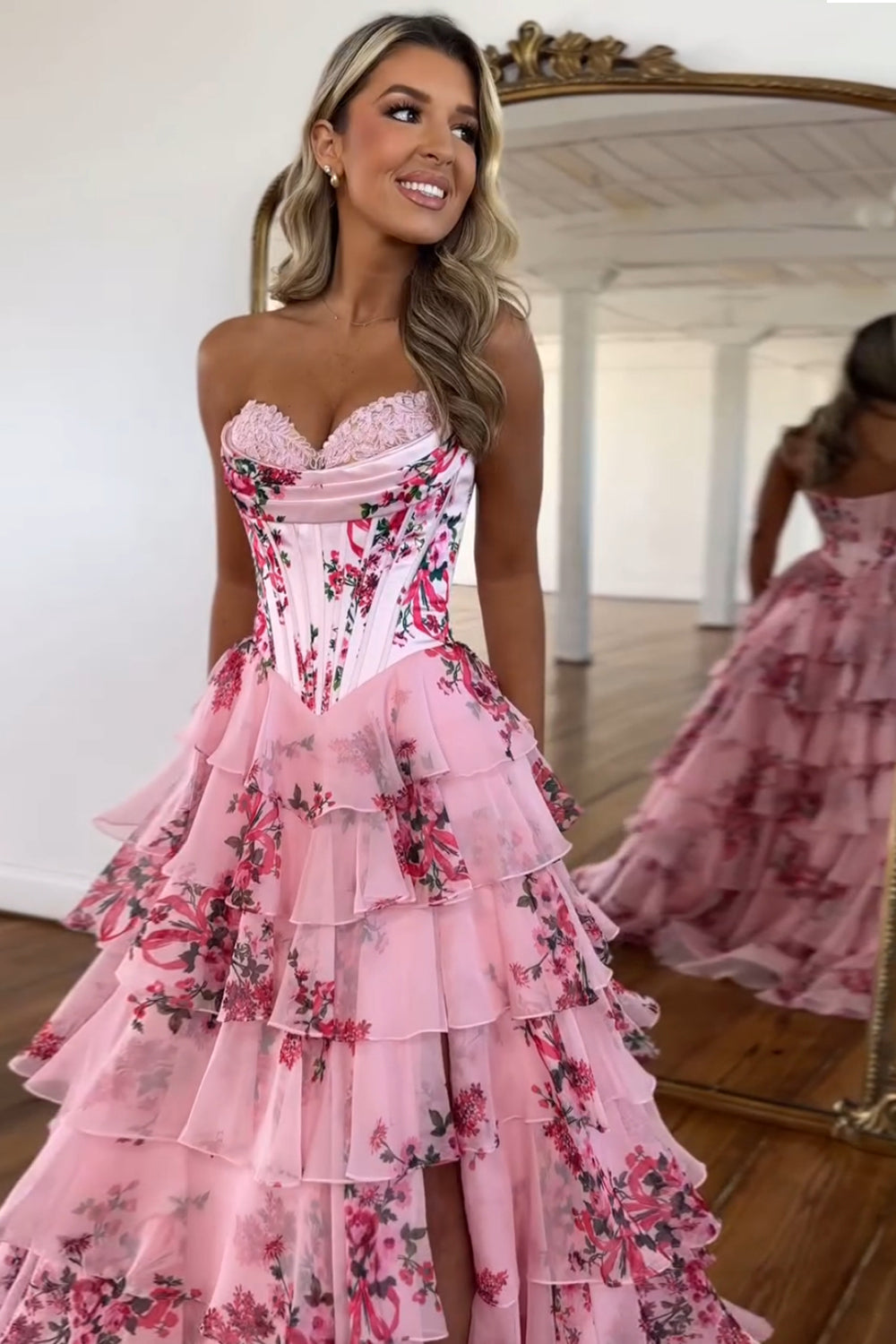 A Line Blush Sweetheart Corset Floral Tiered Long Prom Dress