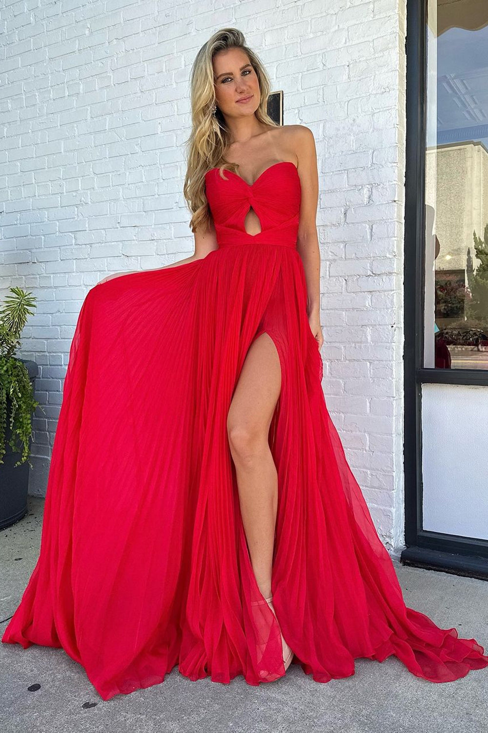 Red A-Line Strapless Long Prom Dress with Slit