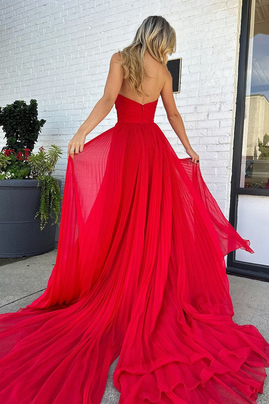 Red A-Line Strapless Long Prom Dress with Slit