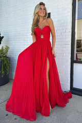 Red A-Line Strapless Long Prom Dress with Slit