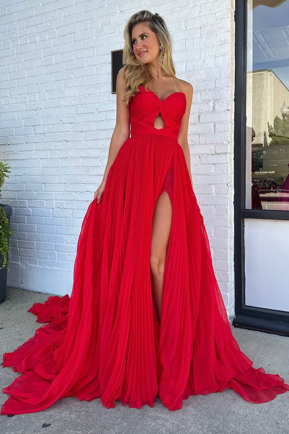 Red A-Line Strapless Long Prom Dress with Slit