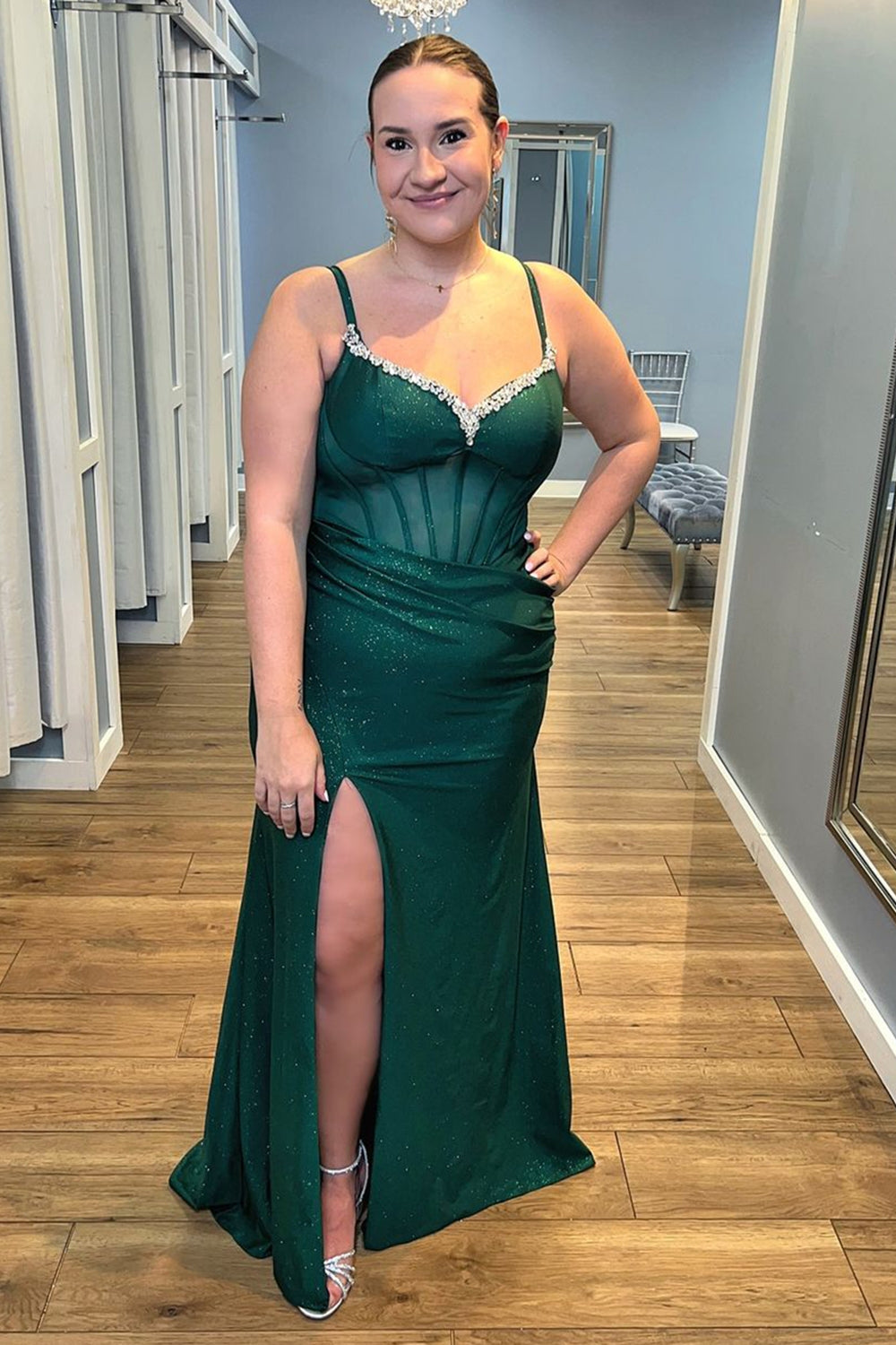 Dark Green Corset Spaghetti Straps Long Prom Dress with Slit