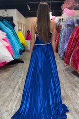 A-Line Royal Blue One Shoulder Long Prom Dress with Slit