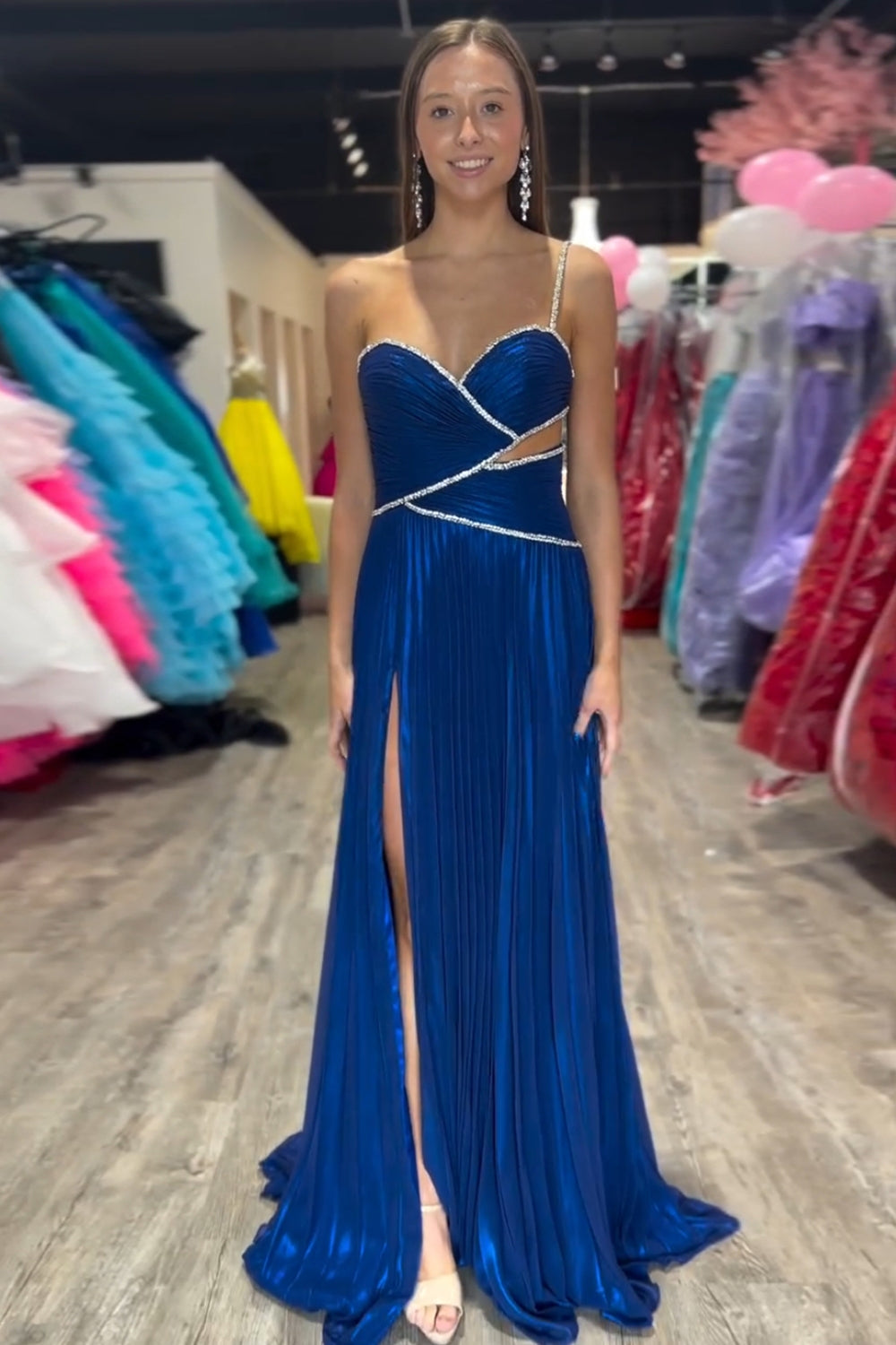 A-Line Royal Blue One Shoulder Long Prom Dress with Slit