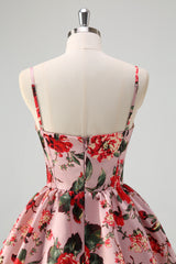 A Line Grey Pink Spaghetti Straps Corset Long Prom Dress with Printed Flowers