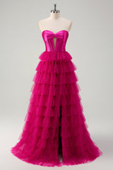 Fuchsia A Line Sweetheart Tiered Tulle Corset Long Prom Dress