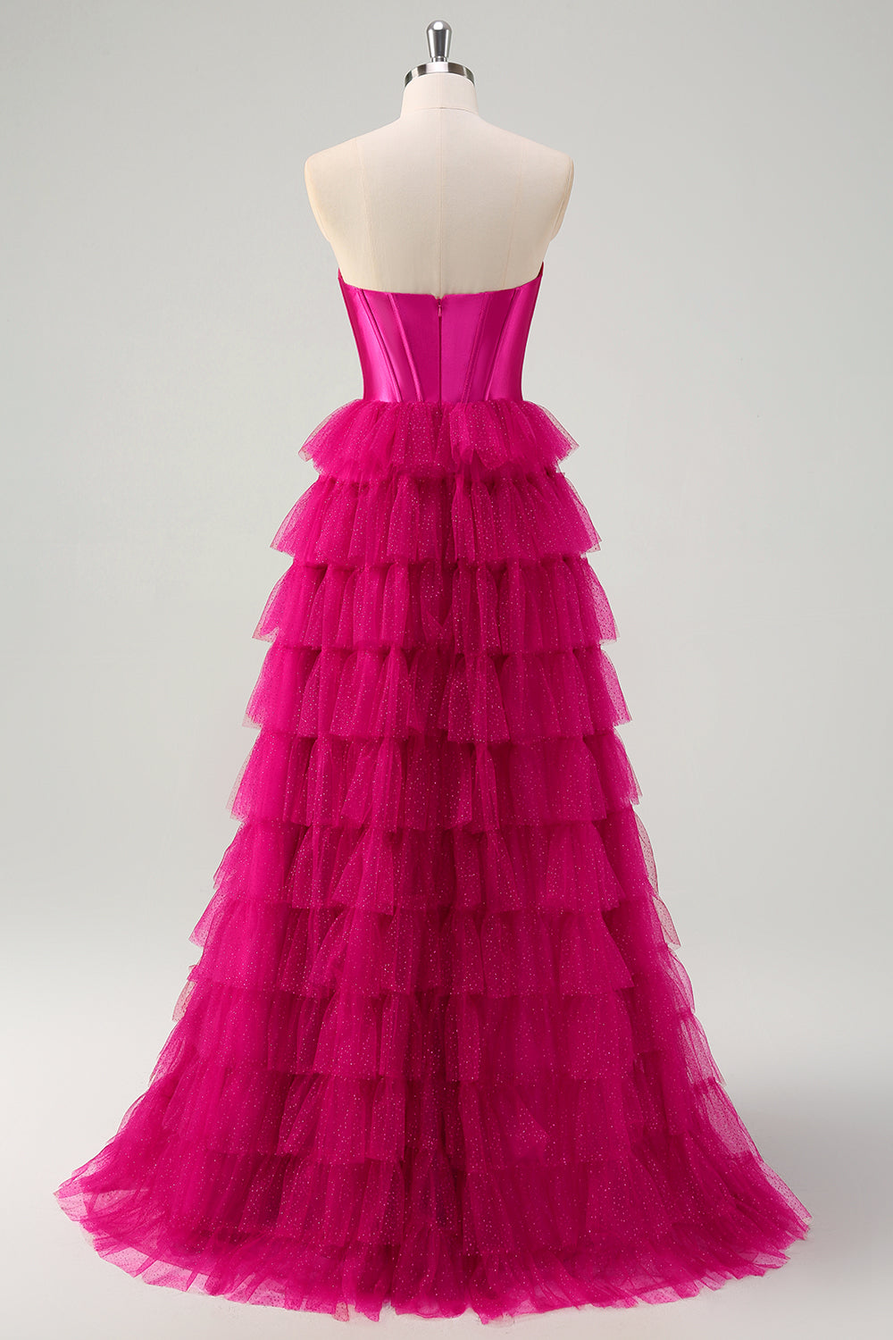 Fuchsia A Line Sweetheart Tiered Tulle Corset Long Prom Dress