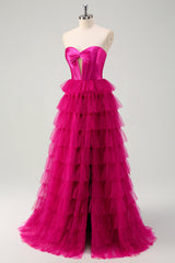 Fuchsia A Line Sweetheart Tiered Tulle Corset Long Prom Dress