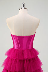 Fuchsia A Line Sweetheart Tiered Tulle Corset Long Prom Dress