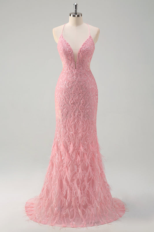 Sparkly Pink Mermaid Lace-Up Back Long Prom Dress with Feather