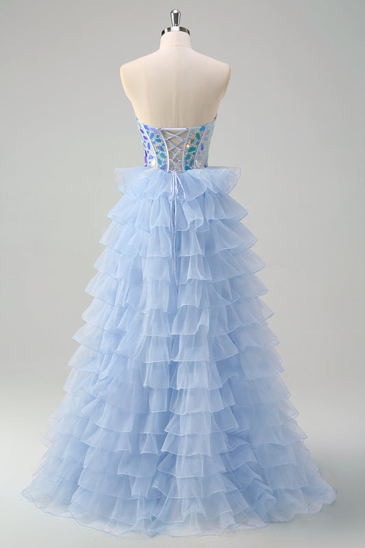 A Line Blue Strapless Mirror Tulle Long Prom Dress with Ruffles