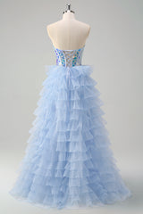 A Line Blue Strapless Mirror Tulle Long Prom Dress with Ruffles