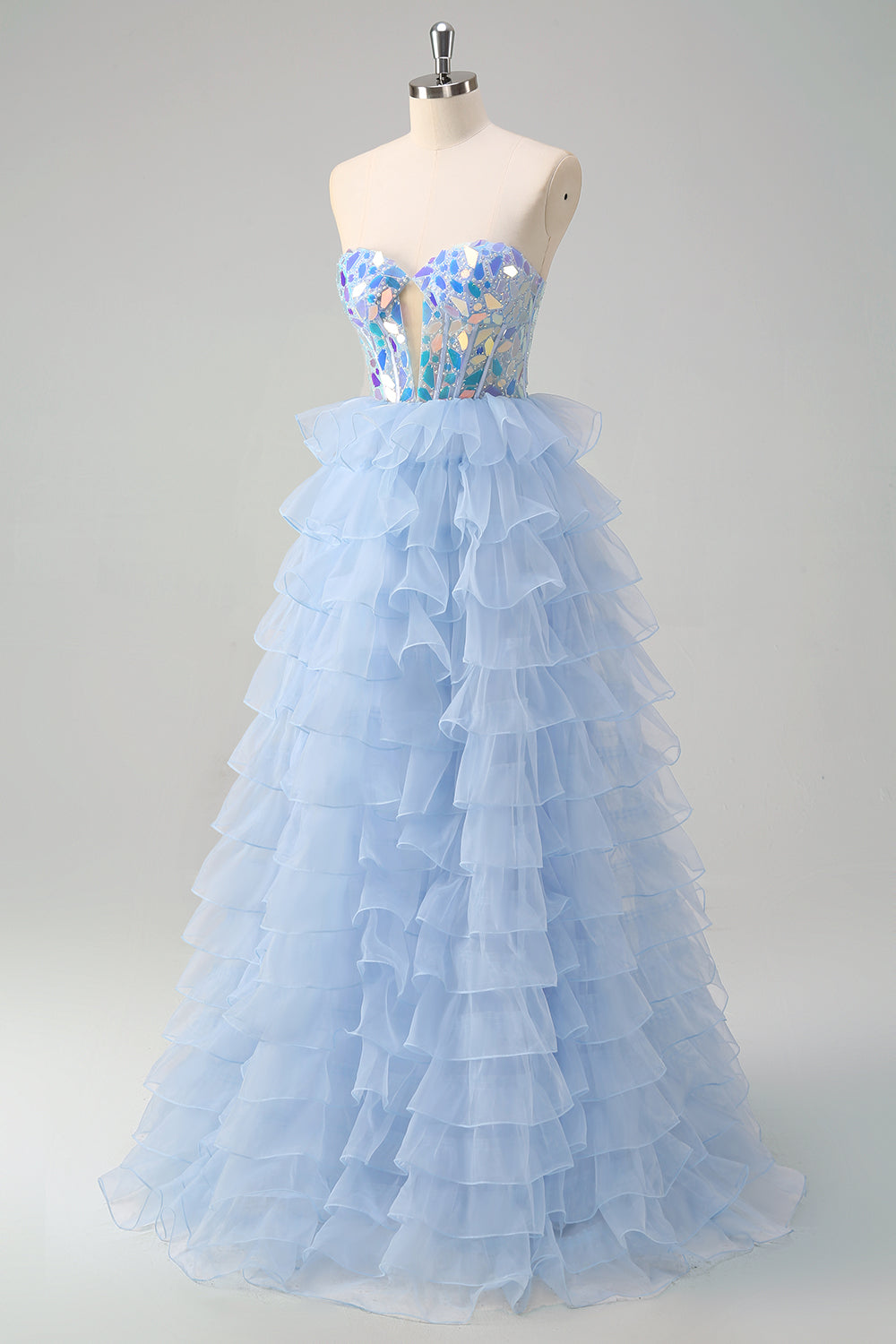 A Line Blue Strapless Mirror Tulle Long Prom Dress with Ruffles