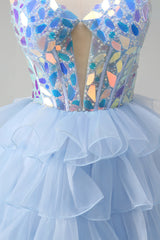 A Line Blue Strapless Mirror Tulle Long Prom Dress with Ruffles