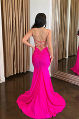 Sparkly Fuchsia Spaghetti Straps Mermaid Long Prom Dress