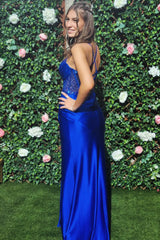 Sparkly Royal Blue Spaghetti Straps Long Prom Dress with Slit