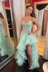 Sparkly Sage Ruffled Tulle Long Prom Dress with Slit