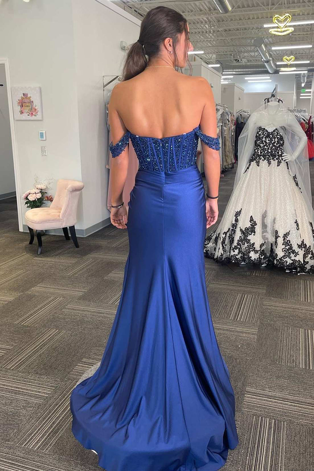 Sparkly Off The Shoulder Navy Mermaid Prom Dress with Slit