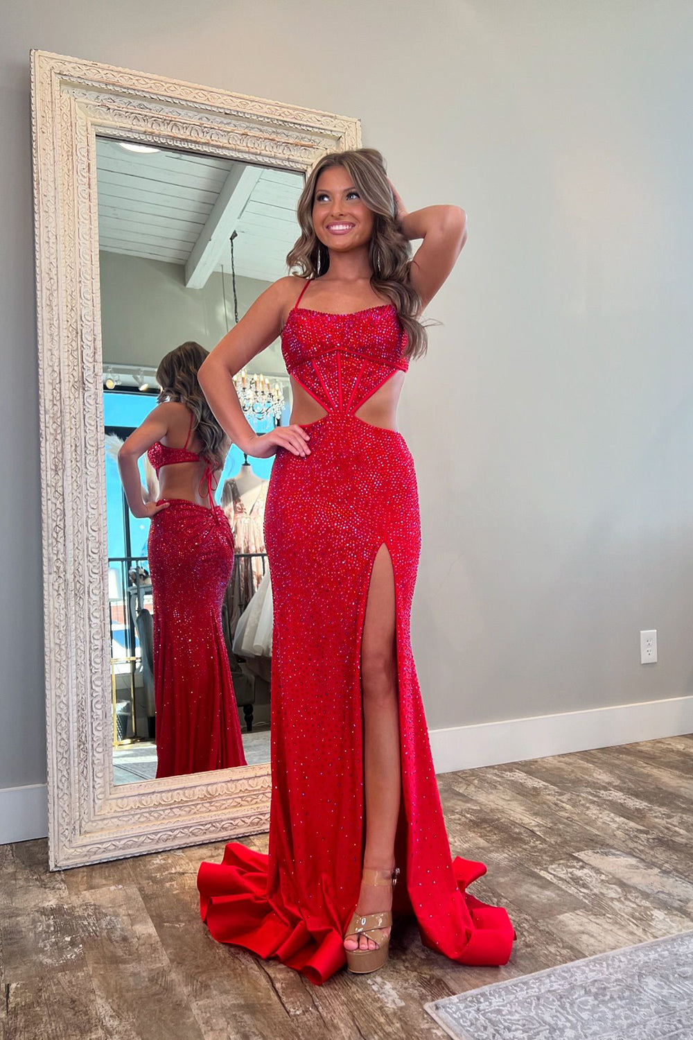 Sparkly Red Mermaid Prom Dress with Slit