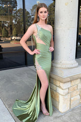 Sage One Shoulder Mermaid Prom Dress with Slit