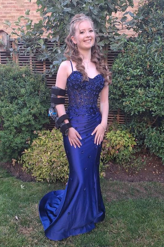 Navy Floral Corset Long Prom Dress with Slit