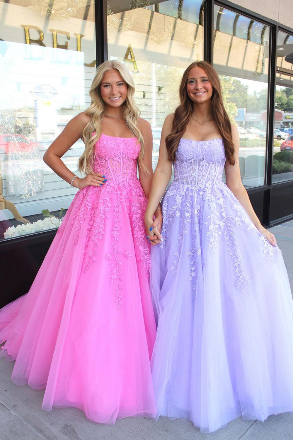 A Line Lilac Strapless Corset Tulle Long Prom Dress with Appliques