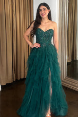 Sparkly Dark Green Ruffled Sweetheart Long Prom Dress with Slit