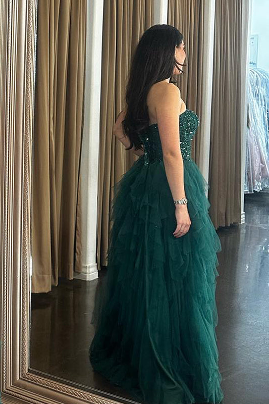 Sparkly Dark Green Ruffled Sweetheart Long Prom Dress with Slit