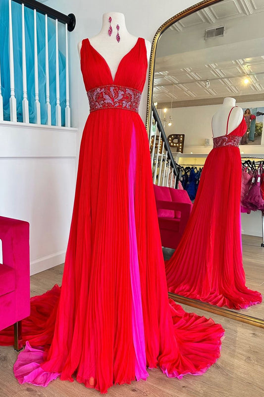 Sparkly Red A-Line Chiffon Long Prom Dress with Slit