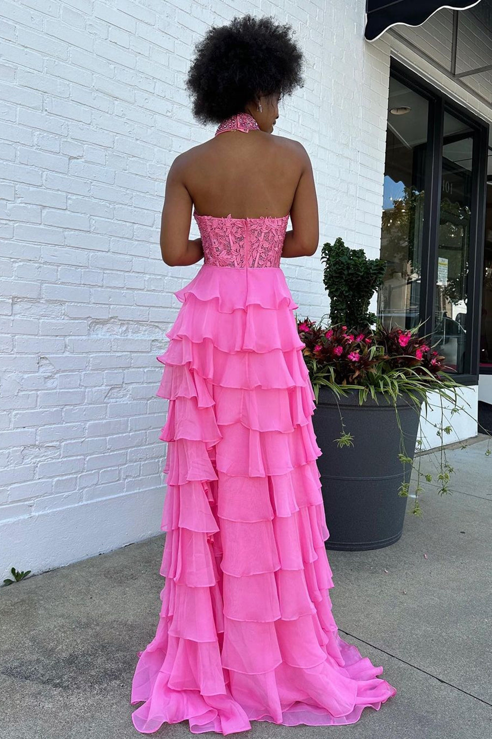 Hot Pink Corset Halter Ruffled Long Prom Dress with Lace