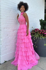 Hot Pink Corset Halter Ruffled Long Prom Dress with Lace