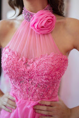 Hot Pink Corset Halter Ruffled Long Prom Dress with Lace