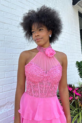 Hot Pink Corset Halter Ruffled Long Prom Dress with Lace