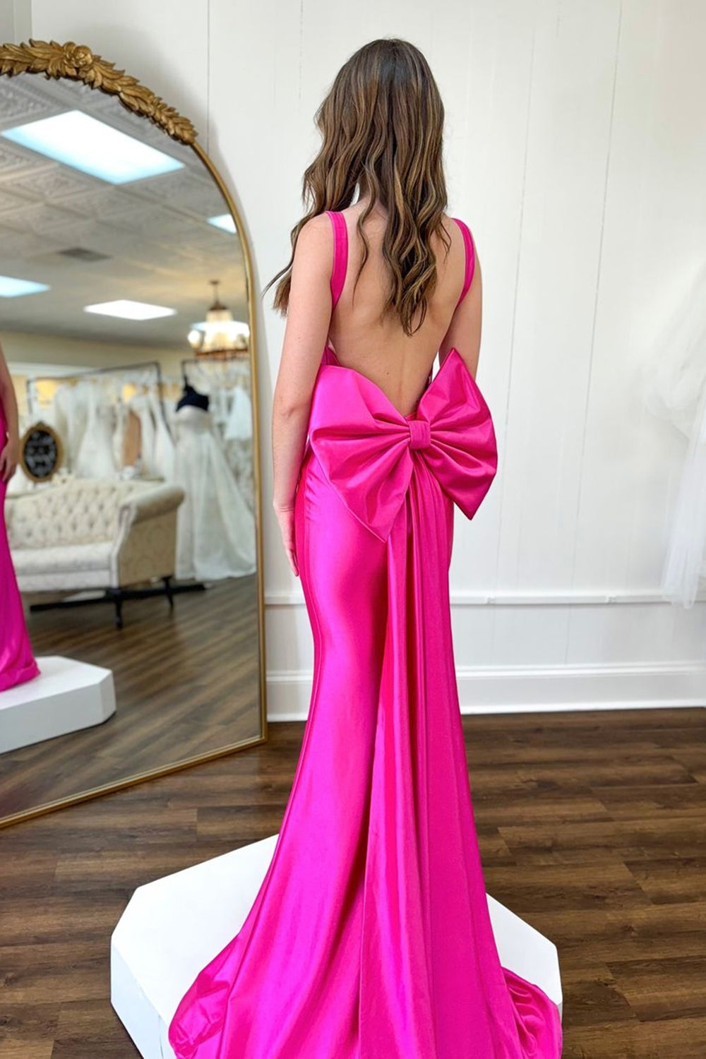 Fuchsia Corset Satin Long Prom Dress with Bow