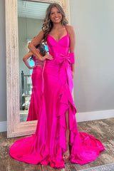 Hot Pink Corset Spaghetti Straps Long Prom Dress with Slit