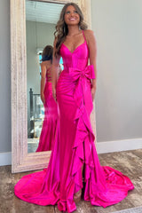 Hot Pink Corset Spaghetti Straps Long Prom Dress with Slit