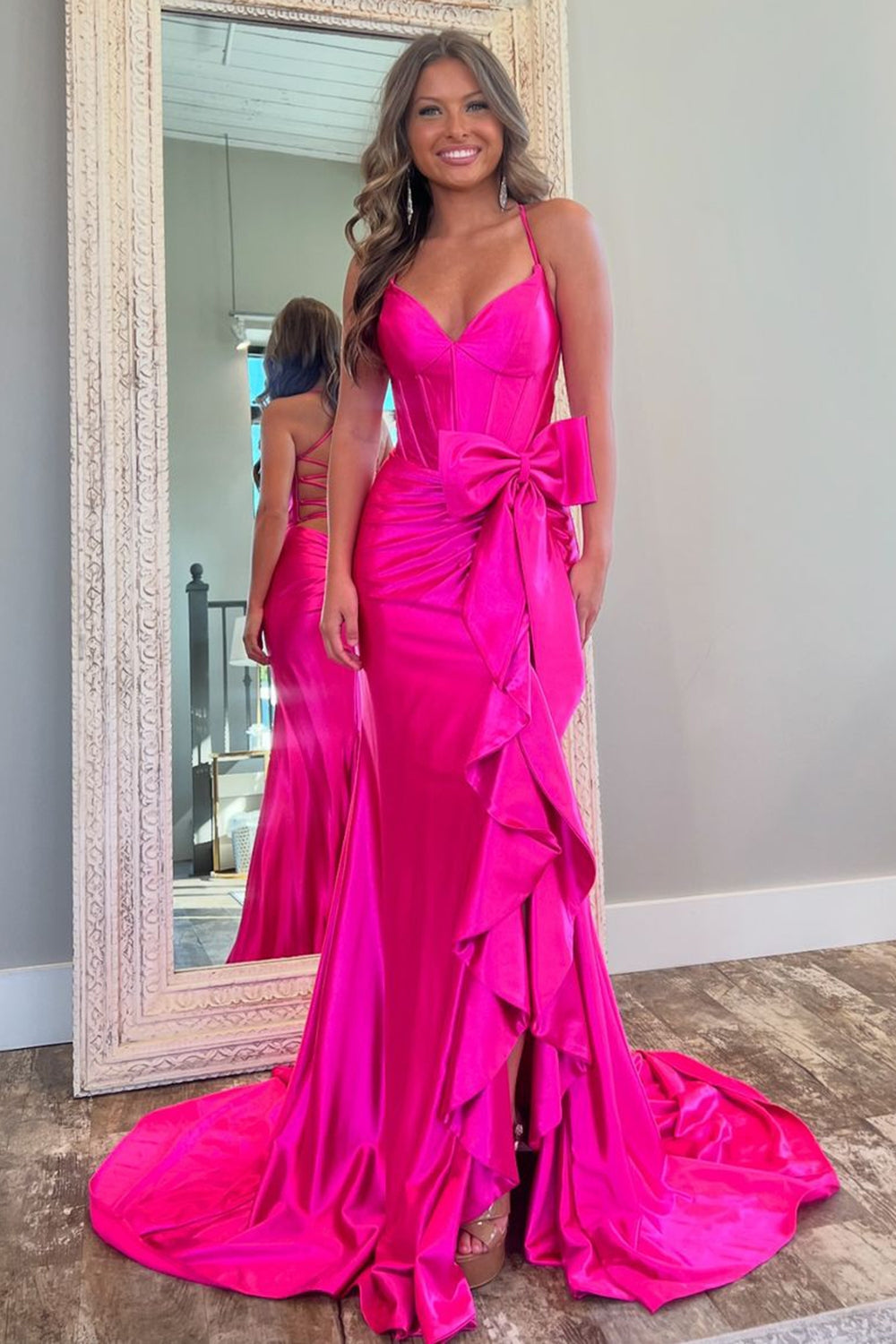 Hot Pink Corset Spaghetti Straps Long Prom Dress with Slit