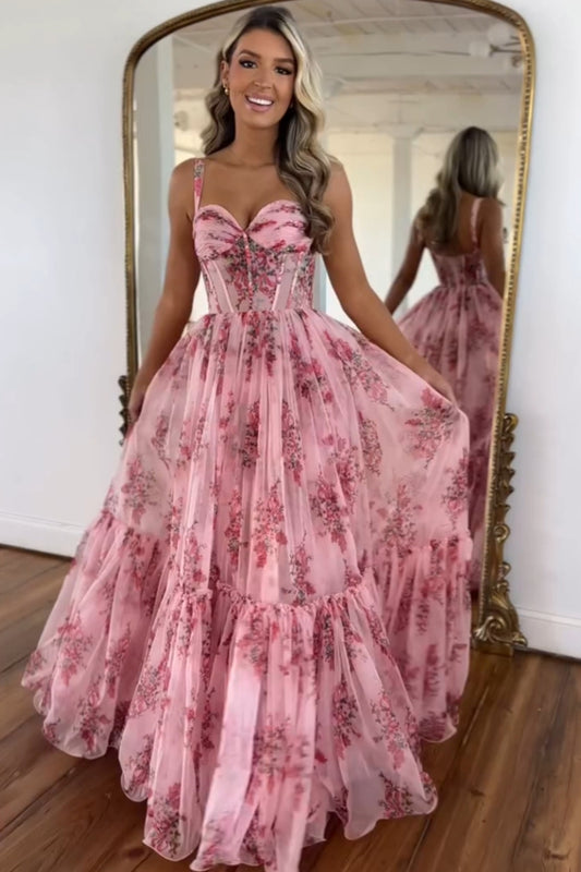 Blush Corset A-Line Floral Long Prom Dress