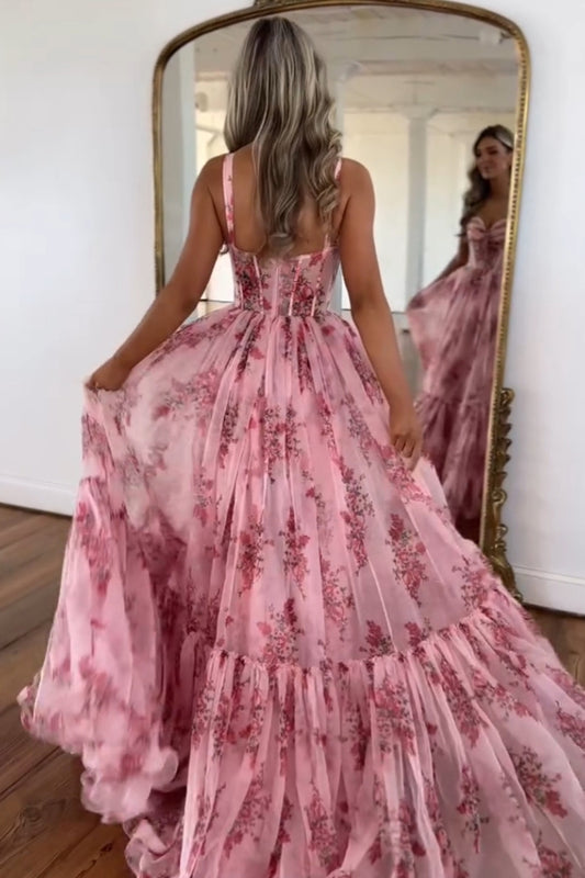 Blush Corset A-Line Floral Long Prom Dress