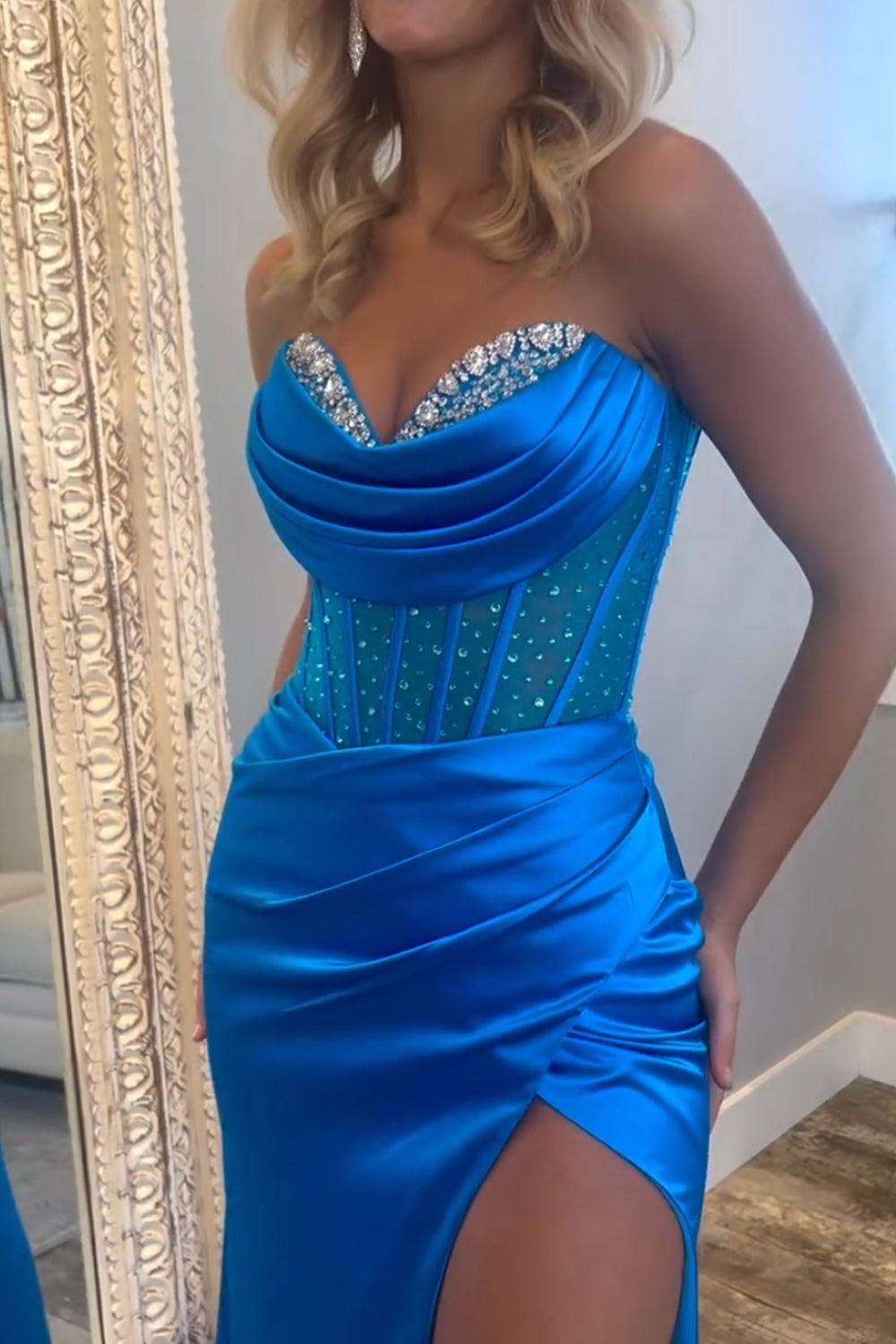 Sparkly Royal Blue Sweetheart Corset Prom Dress with Slit