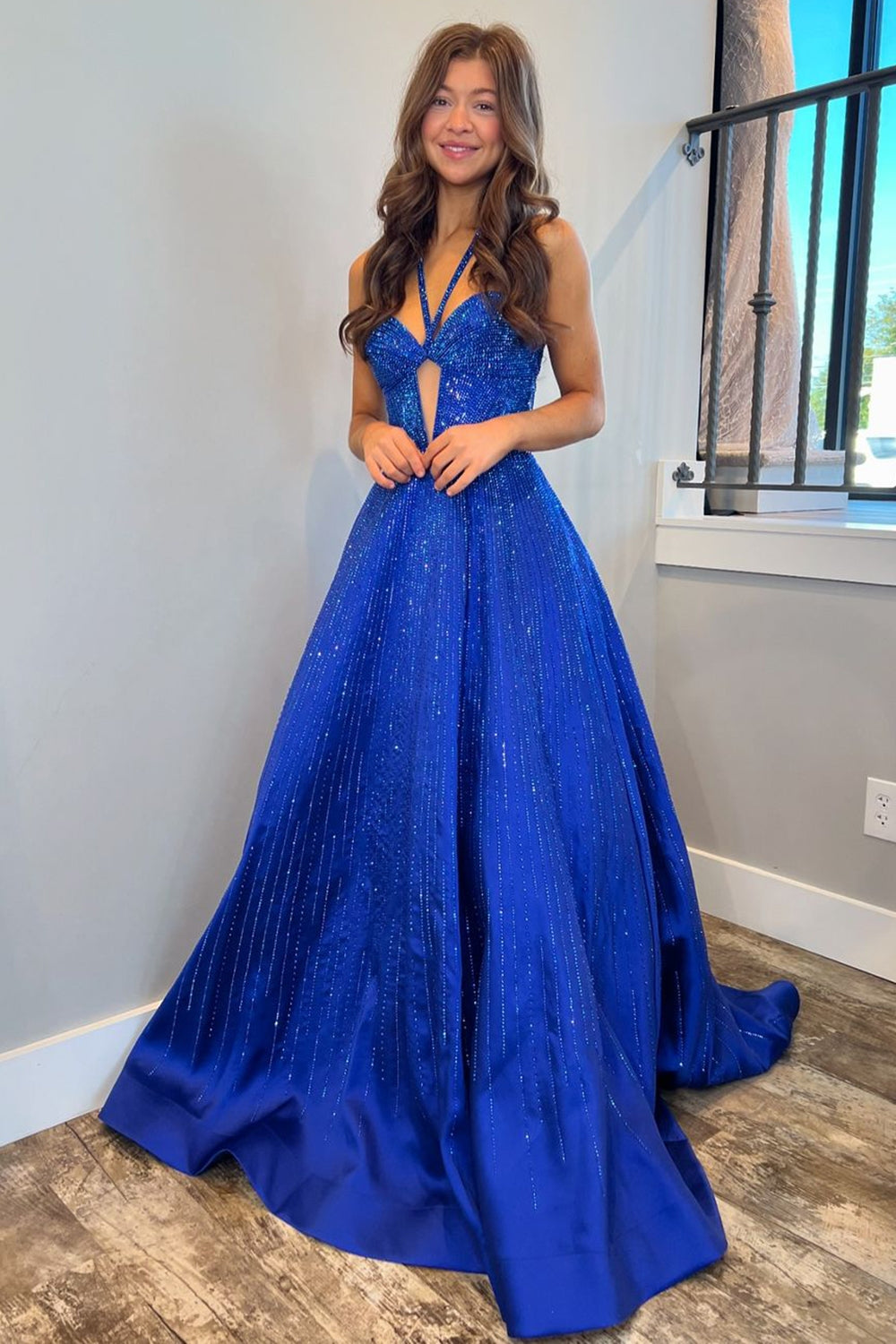 Sparkly Royal Blue A-Line Halter Long Prom Dress