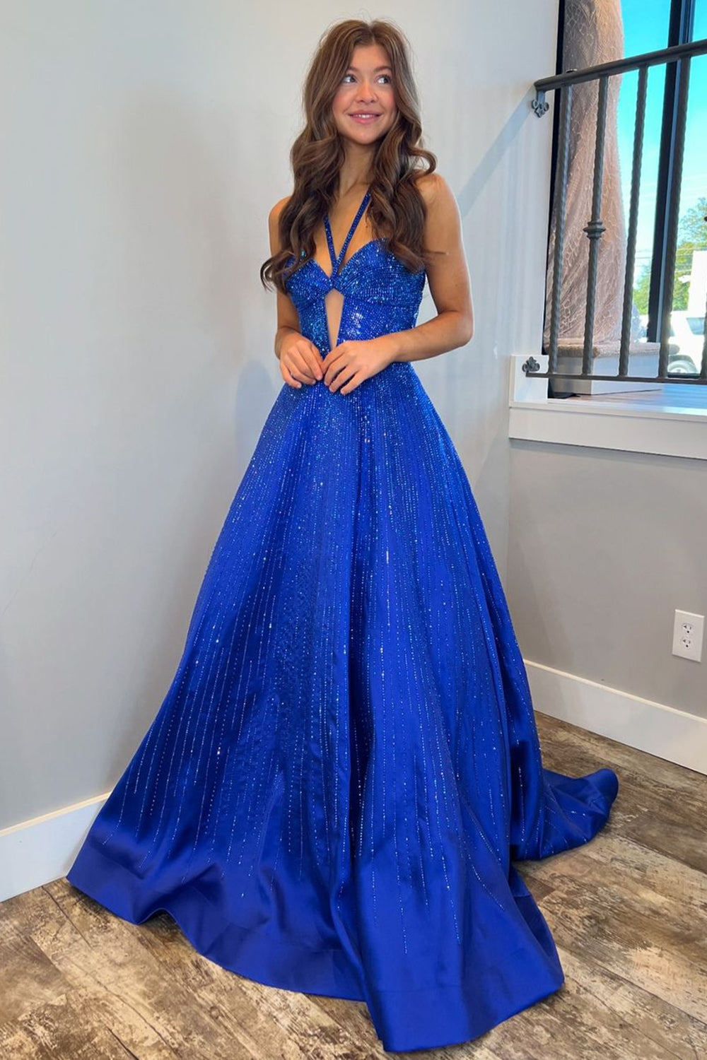 Sparkly Royal Blue A-Line Halter Long Prom Dress