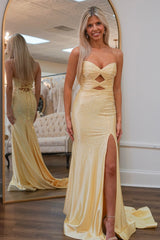 Sparkly Yellow Hollow Out Sweetheart Prom Dress with Slit