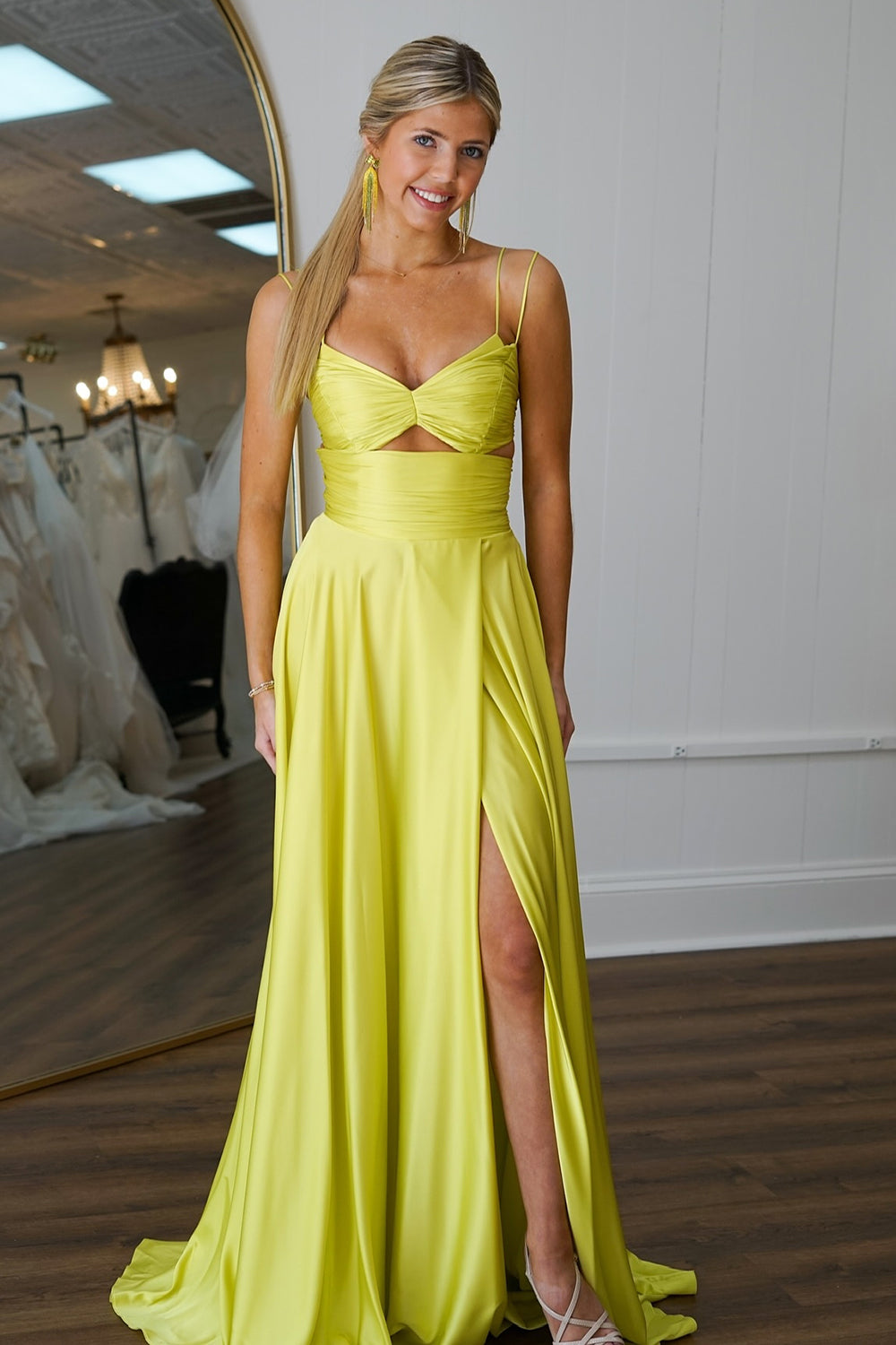 Yellow A-Line Spaghetti Straps Prom Dress with Slit